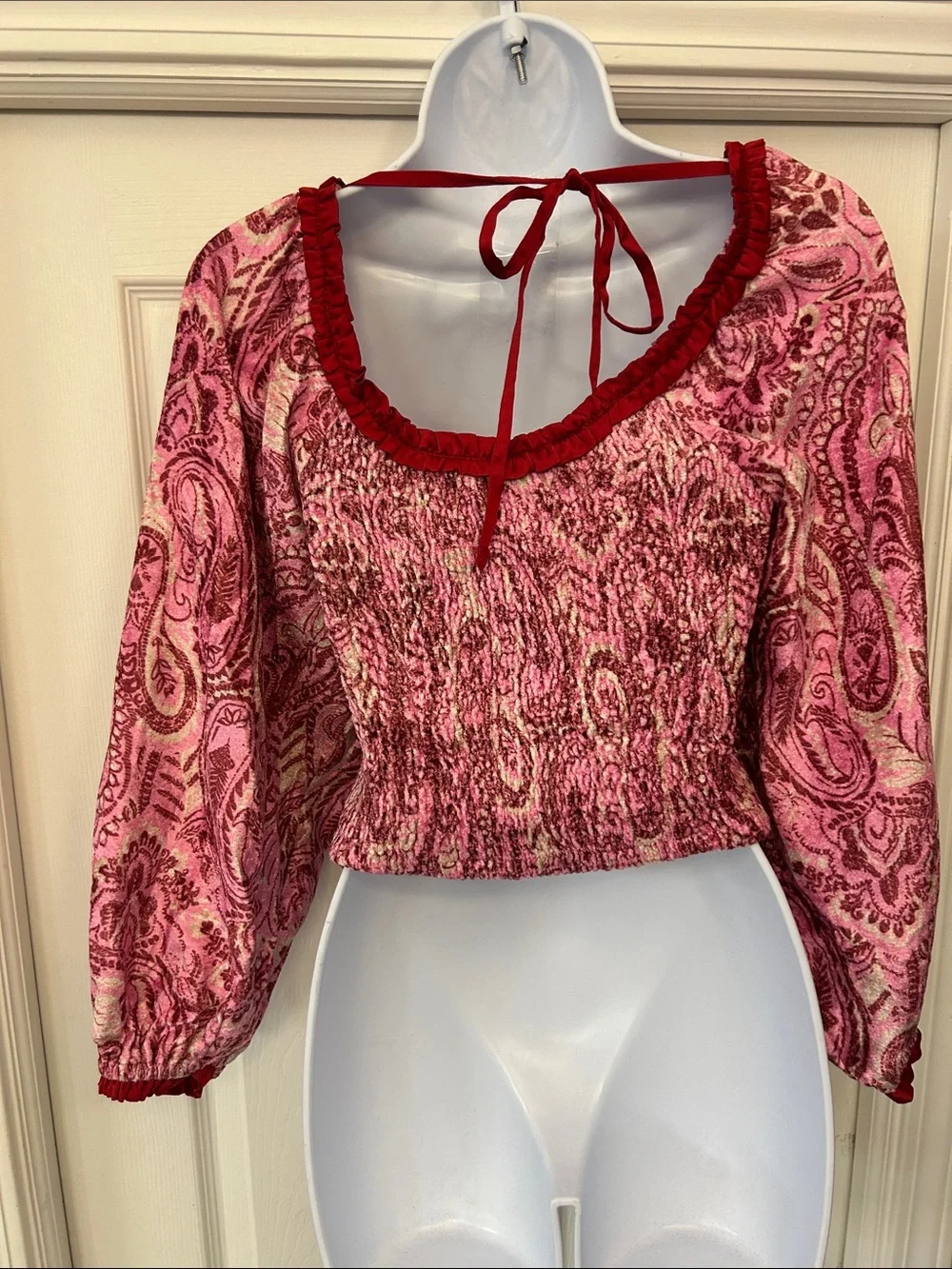 Free People Pink Paisley Ruffled Button Crop Blouse